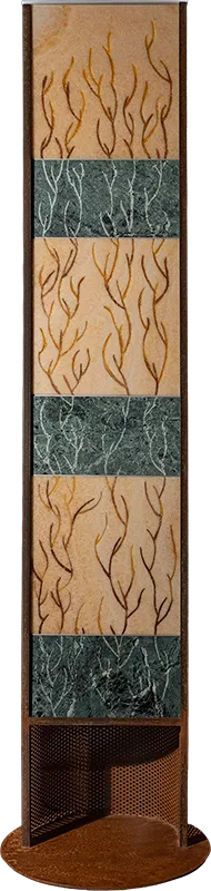 Terra, natural state — golden alabaster and Verde Alpi marble totem