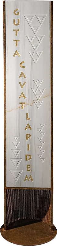 Aqua, natural state — Carrara Calacatta totem with Latin lettering